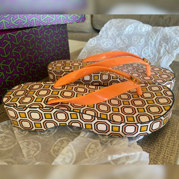 Tori Burch Cut-Out Platform Wedge Flip-Flops in Orange - Picture 2 of 5